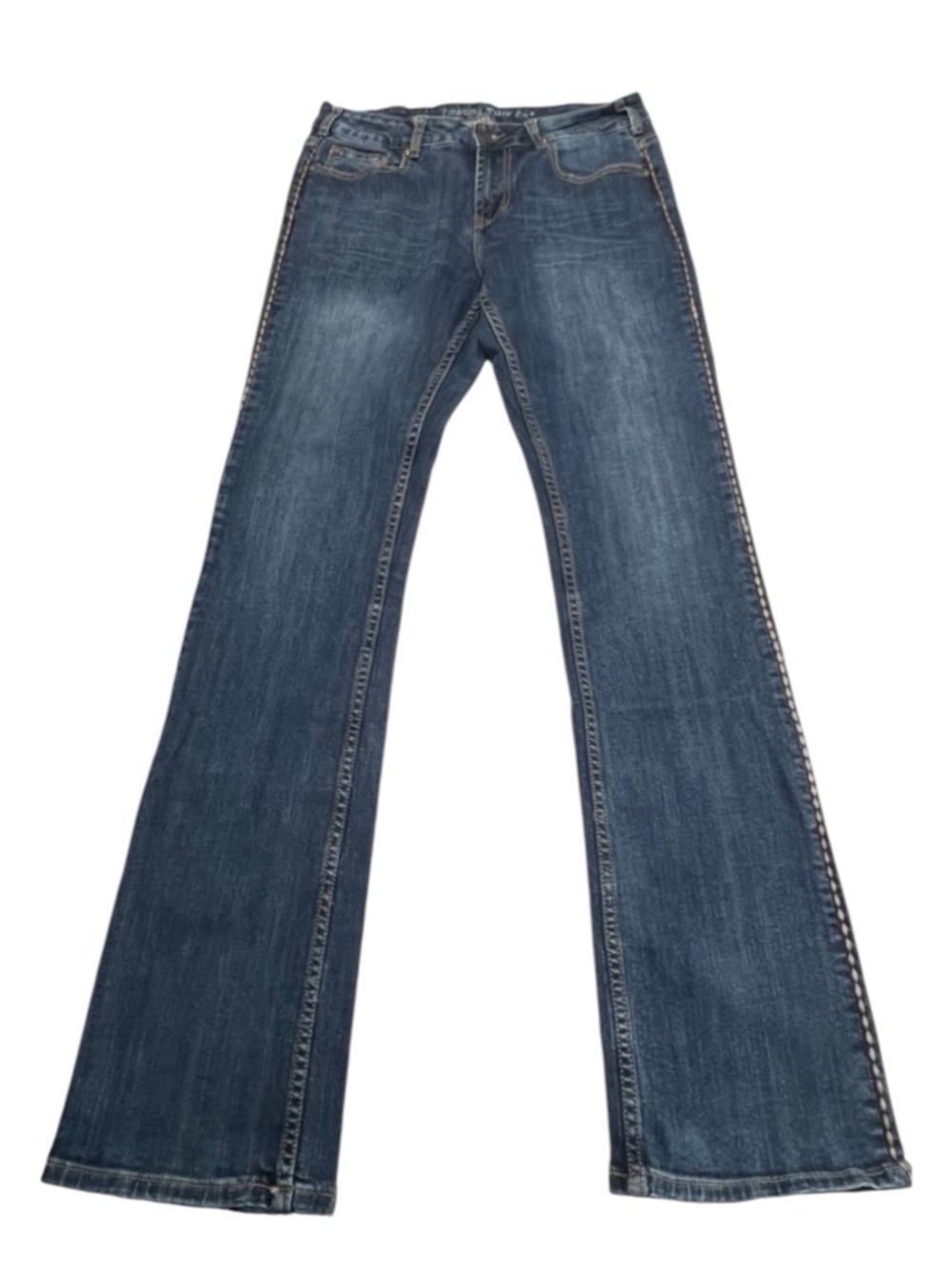 Cowgirl Tuff Western Edge Dark Blue Jeans Womens size 30 X 35 Brown Stitching - Picture 2 of 14
